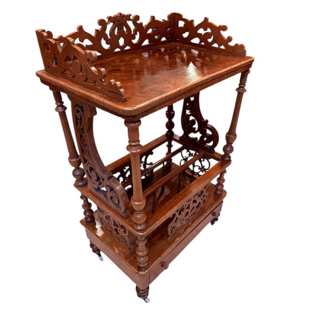 Brown Late 19th Century Victorian Burr Walnut Canterbury / Sheet Music What-Not on Castors — Rich Figured Veneer For Sale - Image 8 of 12