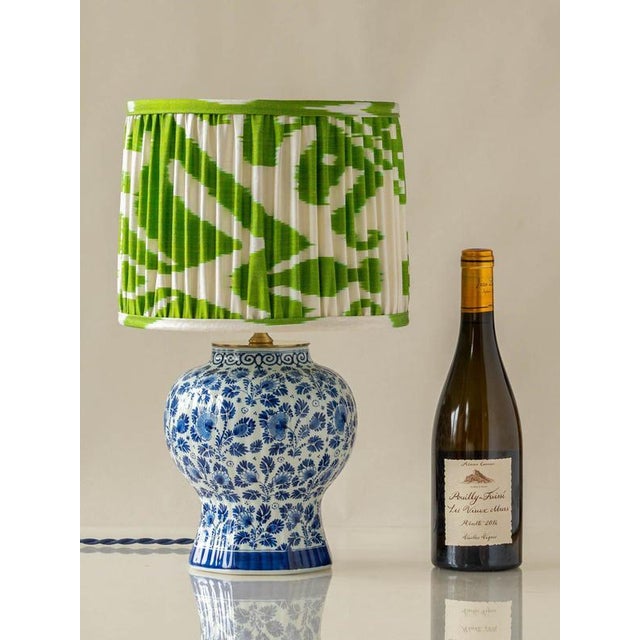 Boho Chic Royal Delft Blue & White Ceramic Table Lamp with New Green Ikat Shade For Sale - Image 3 of 11