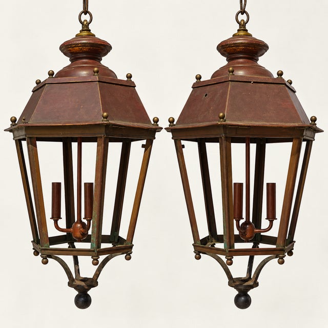 Metal Mid 20th Century French Large Scale Hexagon Copper / Cast Iron & Brass Three Light Lanterns - Pair For Sale - Image 7 of 11