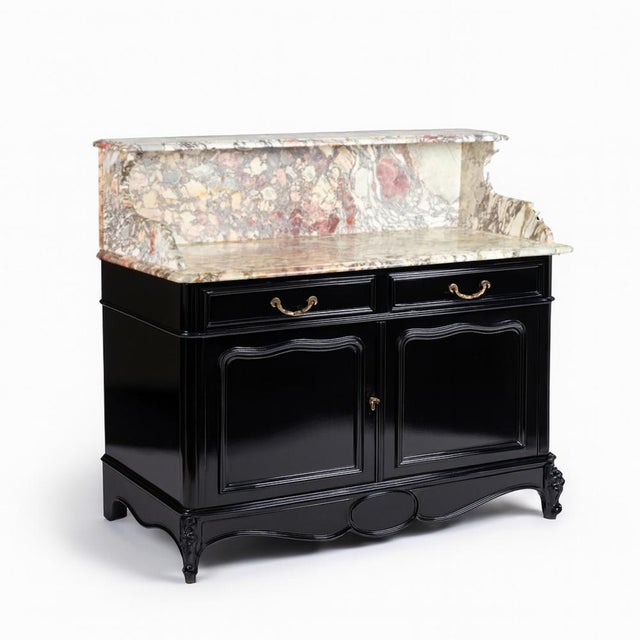 Louis Philippe Black Lacquer Credenza with Marble Top For Sale - Image 6 of 10