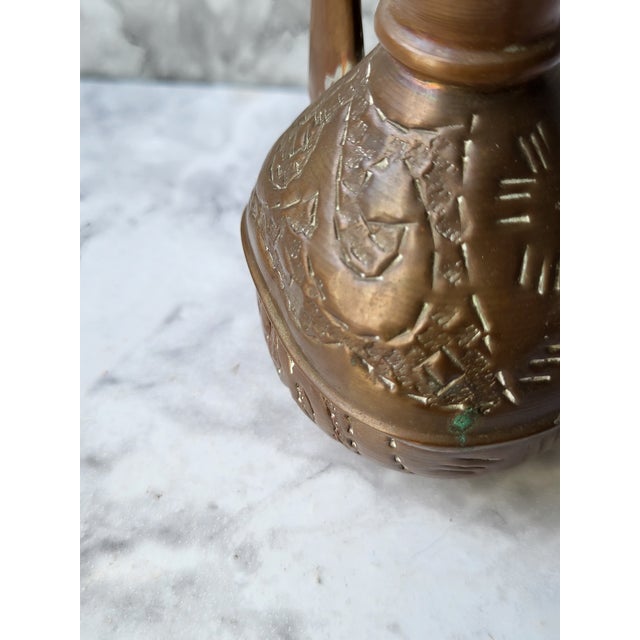 Metal 1960s Handcrafted Copper Coffee Pot Etched Middle Eastern For Sale - Image 7 of 17