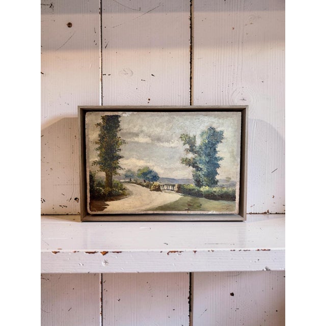French Oil Board - Landscape with charming scene with a country road.Newly framed in grey wooden floating frame, ready to...