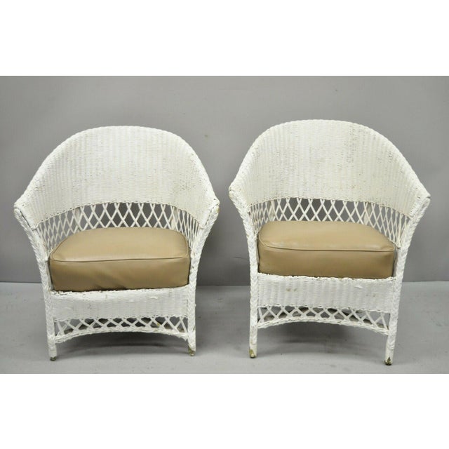 Antique White Wicker Rattan His and Hers Sunroom Victorian Arm Chairs