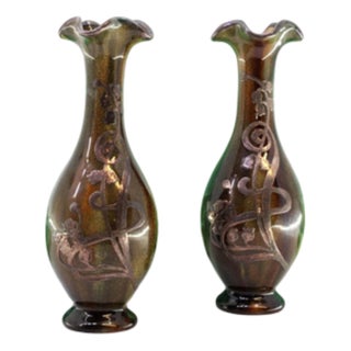 Small Glazed Porcelain Vases with Silver Floral Applications, Set of 2 For Sale