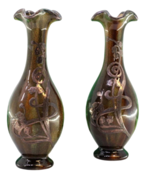 Small Glazed Porcelain Vases with Silver Floral Applications, Set of 2