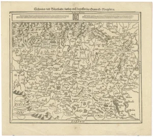 Woodcut Map of Swabia and Bavaria in Germany, 1628