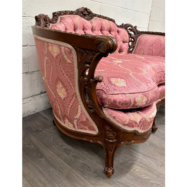 Antique Victorian Rococo Revival French Louis XV Carved Walnut Loveseat Settee For Sale - Image 4 of 16