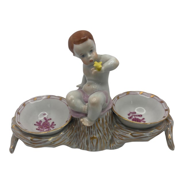 1980s Figurative Herend Porcelain Chinese Bouquet Raspberry Cherub Double Salt Dip For Sale
