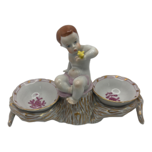 1980s Figurative Herend Porcelain Chinese Bouquet Raspberry Cherub Double Salt Dip