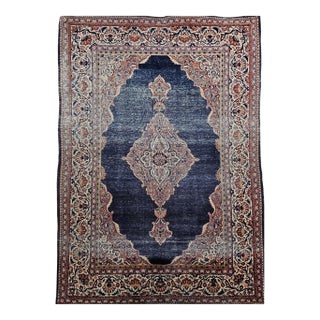 Vintage Persian Kashan Area Rug, Hand-Knotted Wool, Navy, Ivory For Sale