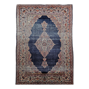 Vintage Persian Kashan Area Rug, Hand-Knotted Wool, Navy, Ivory