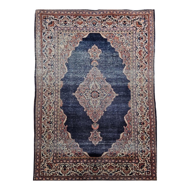 Vintage Persian Kashan Area Rug, Open Field Design, Hand-Knotted Wool, Navy & Ivory, 3’ X 5’ For Sale