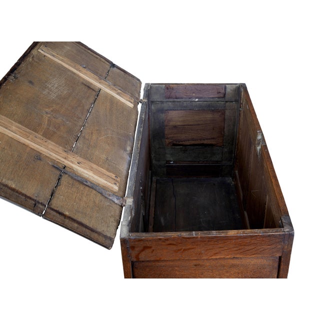 18th century small English oak coffer, circa 1790. Three fielded panels to the front, each flanked by a beaded decoration....