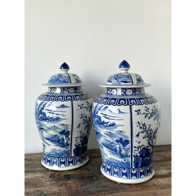 Blue Vintage Boho Monumental Blue and White Lidded Ginger Jars - A Pair For Sale - Image 8 of 8