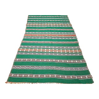 Vintage American Southwestern Blanket, Handwoven Stripe Pattern, Green & Ivory, 5’ X 8’ For Sale