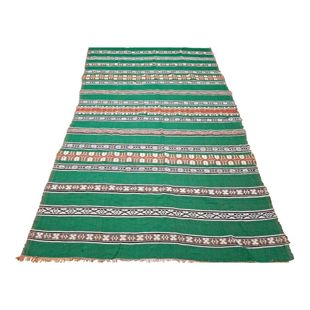 Vintage American Southwestern Blanket, Handwoven Stripe Pattern, Green & Ivory, 5’ X 8’ For Sale
