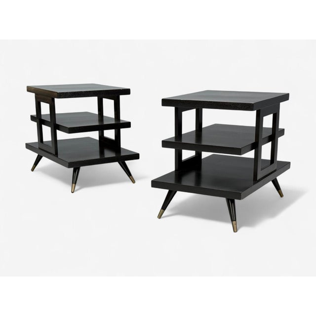 Ico Parisi Style, Mid-Century Modern, Ebonized Wood, Brass, Sculptural End or Side Tables, Europe, 1950s Pair of ebonized...