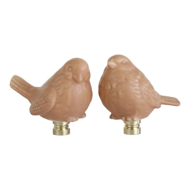 Stoneware Bird Lamp Finials on Brass Hardware - a Pair For Sale
