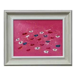 Abstract White & Turquoise Flowers on Pink Background by Contemporary Artist, 2023 For Sale