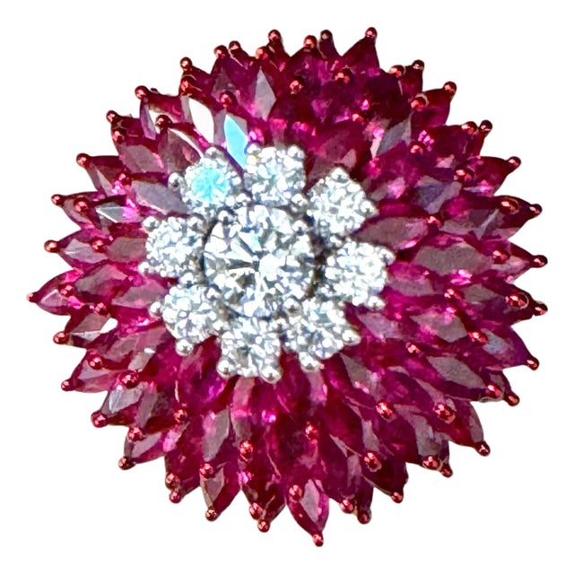 12 Ct Natural Marquis Ruby & 0.75 Ct Diamond 18 Kt White Gold Ball Ring Size 6 For Sale