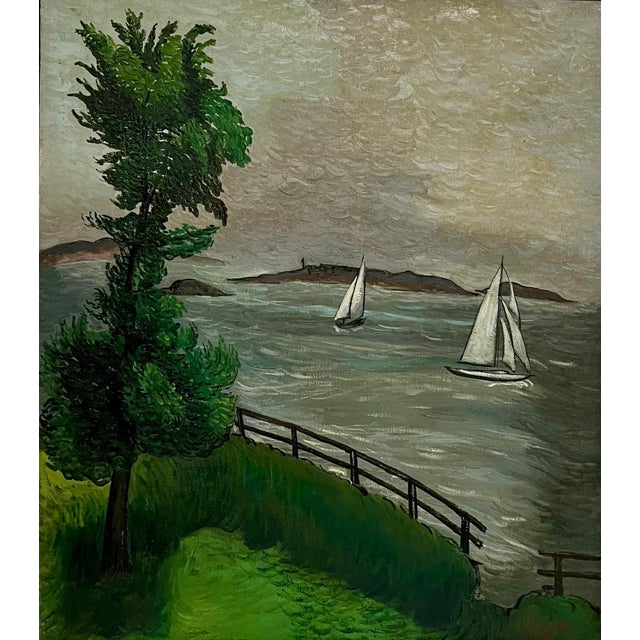 Textile Morris Kantor, 1930 Oil Painting Sea Side Sailboats American Modernist WPA Artist Morris Kantor, 1930 For Sale - Image 7 of 12