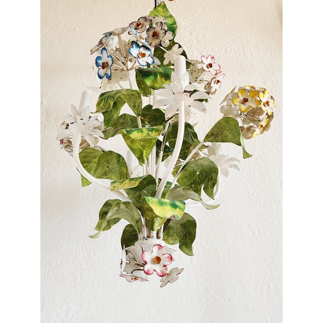 Vintage Italian Handpainted Foral Motif Tole Chandelier For Sale - Image 10 of 18