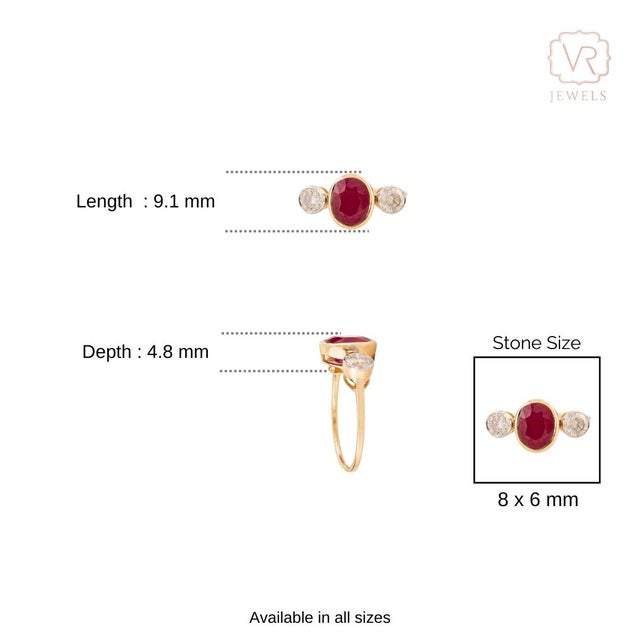2.83 Ct Mozambique Oval Ruby & Diamond Three Stone Ring in 14k Yellow Gold Size 5 For Sale - Image 9 of 14