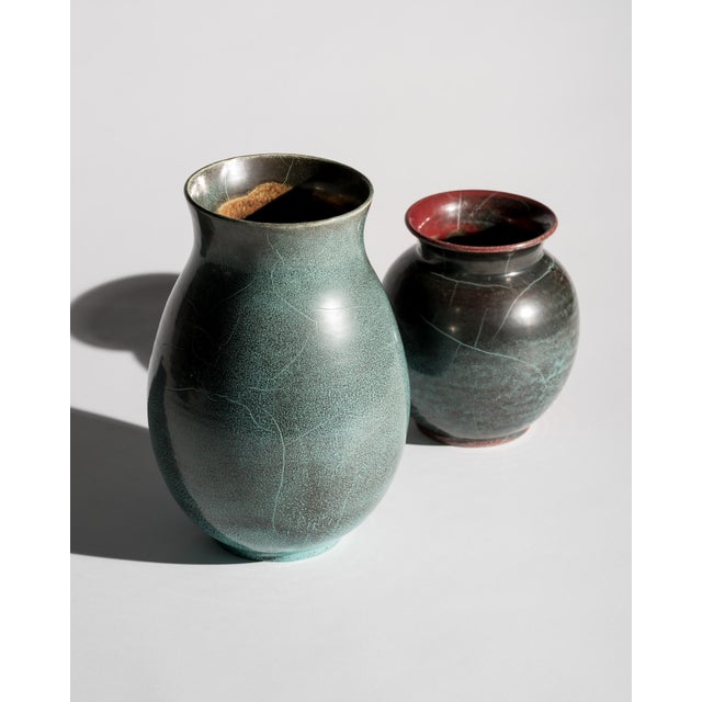 Pair of Richard Uhlemeyer Studio Stoneware Vases – Turquoise Reduction Glaze – Germany, ca. 1940s-1950s A remarkable and...