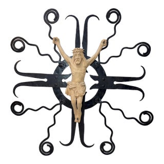 Large Vintage Carved Wood Wrought Iron Religious Wall Crucifix Cross Sculpture For Sale
