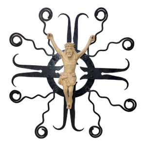 Large Vintage Carved Wood Wrought Iron Religious Wall Crucifix Cross Sculpture
