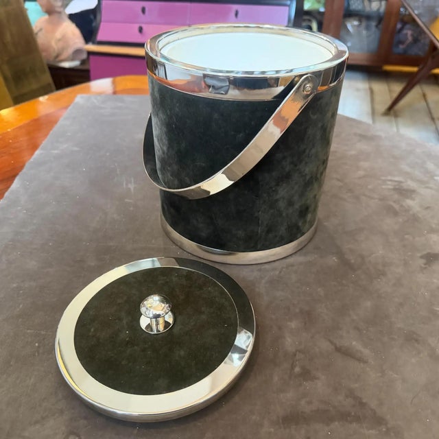 1970s Mid-Century Modern Metal and Green Moleskin Ice Bucket Glacette by Lidian For Sale - Image 4 of 9