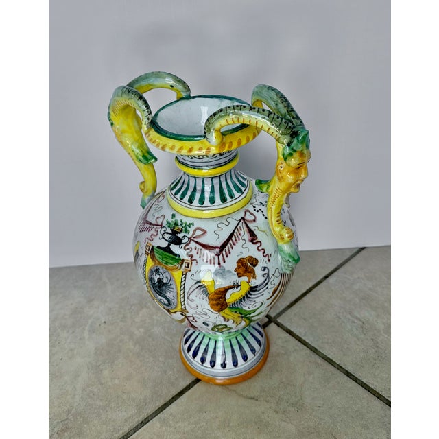 Italian Majolica Hand Painted Ceramic Pottery Face Handles Vase For Sale In Palm Springs - Image 6 of 16