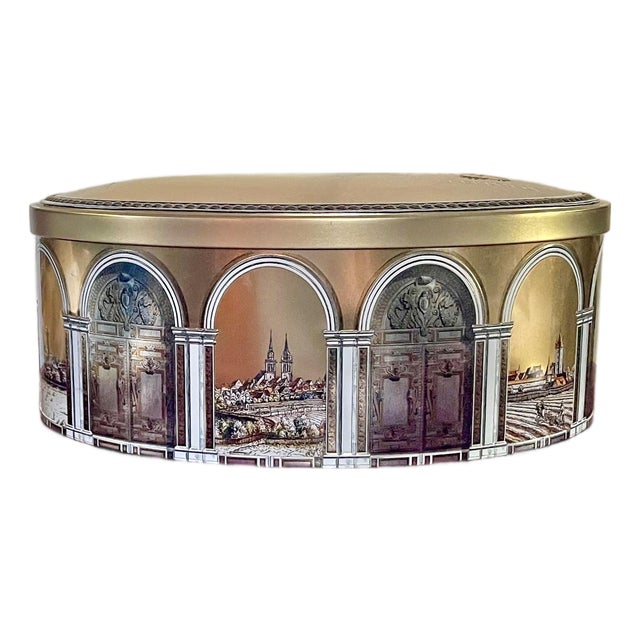 Mid 20th Century Scenic Gold Oval Tin Box For Sale