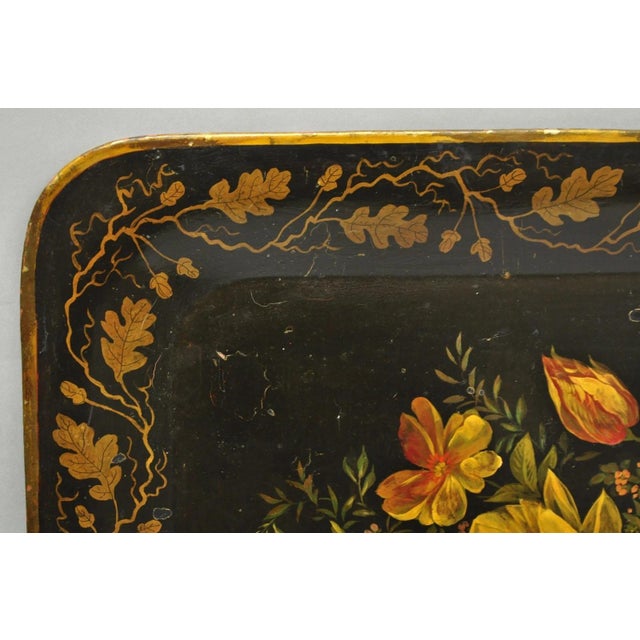 Antique French Country Tole Metal Hand Painted Floral Large Serving Platter Tray For Sale In Philadelphia - Image 6 of 15