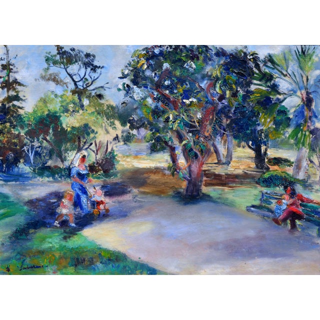Colorful figurative landscape of a woman walking through a San Francisco park with two children, while another woman sits...