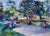 Colorful figurative landscape of a woman walking through a San Francisco park with two children, while another woman sits...