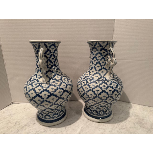Ceramic Beautiful Pair of Vintage Blue and White Vases For Sale - Image 7 of 8