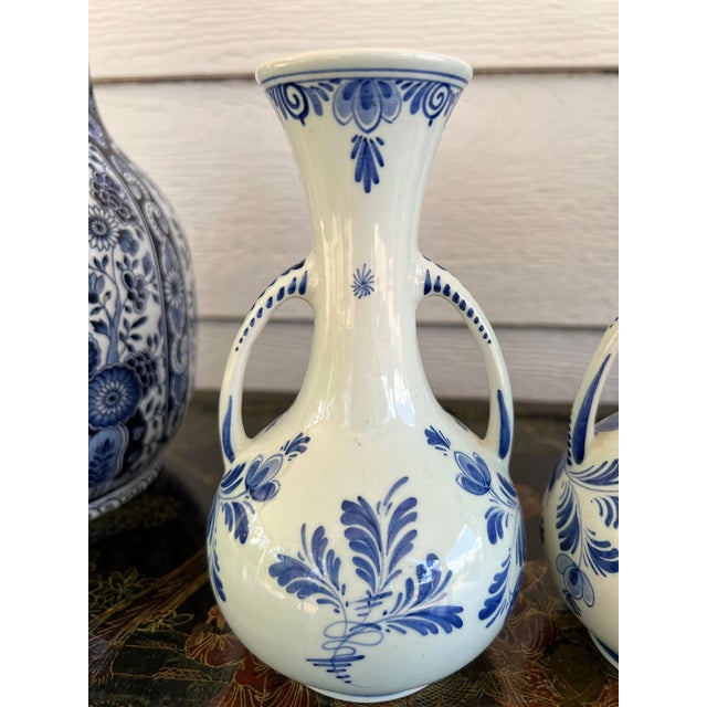 Pair Petite Vintage Delft Vases Blue & White Windmilll Hand Painted Bud Vases For Sale - Image 12 of 18