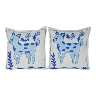 Blue Suzani Deer Pillow Cover - A Pair For Sale