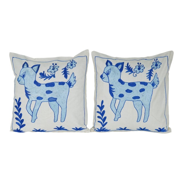 Blue Suzani Deer Pillow Cover - A Pair For Sale
