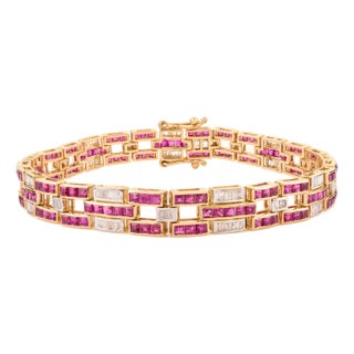 Greek Inspired Channel Set Ruby Diamond Vintage Link Bracelet in 14k Gold For Sale