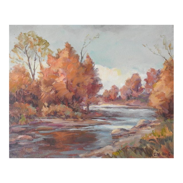 Mid 20th Century Impressionist Autumn River Landscape Painting For Sale