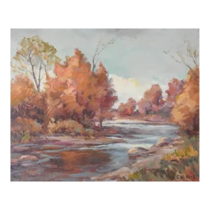Mid 20th Century Impressionist Autumn River Landscape Painting