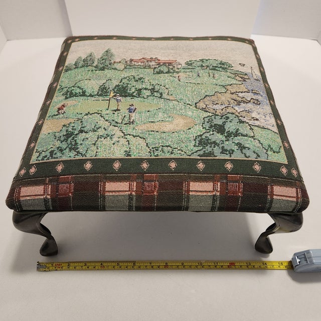 Textile Vintage Traditional Golf Course Themed Tapestry Footstool For Sale - Image 7 of 9