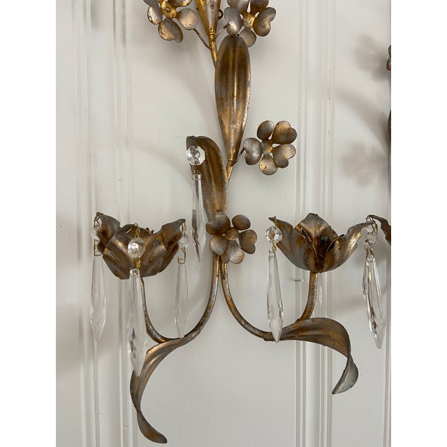 Metal Mid Twentieth Century Gold Gilded Italian Toleware Metal Candle Sconces, a Pair For Sale - Image 7 of 9