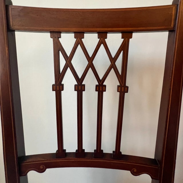 English Late Victorian Hepplewhite Style Lattice Back Side Chairs in Mahogany with Dusty Rose Upholstered Seats, 1890s-1910s, Set of 2 For Sale - Image 13 of 18