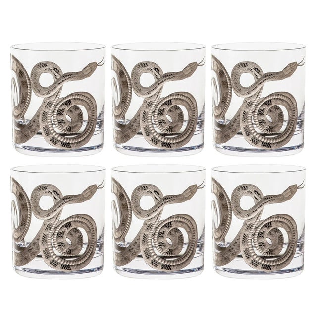 Victorian Cabinet of Curiosities Double Old Fashioned Glasses, Set of 6 Snake, Platinum For Sale - Image 3 of 3
