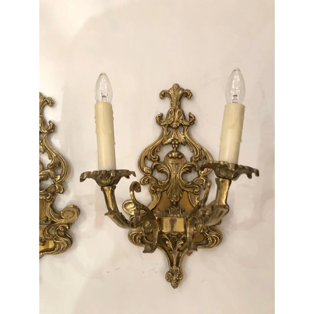 Louis XV Style Cast Bronze 2 Branch Wall Sconces - A Pair For Sale - Image 4 of 12