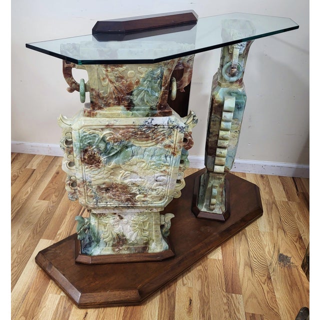 Chinoiserie Antique Chinese Mottled Jade Green Hardstone Pair Urns as Altar Console Table For Sale - Image 3 of 11