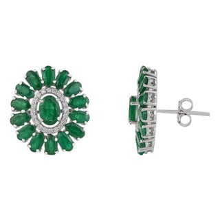 Contemporary Emerald & Diamond Floral Stud Earrings in 14k White Gold- A Pair For Sale